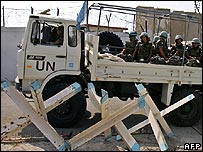 A UN peacekeeping convoy leaving its base on a patrol mission in Naqura, southern Lebanon
