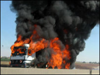 Fuel truck hit in Israeli air strike at Hilaniya on August 5 (Amnesty International)