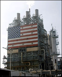 An oil refinery in California displays the US flag